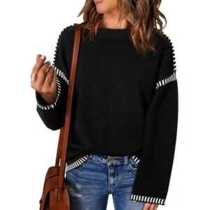Black Sweater with Black and White Stripe Detail